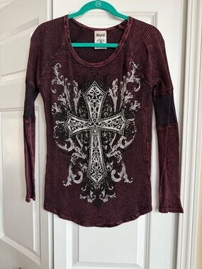 Vocal Maroon Long-Sleeve Top with Decorative Cross Graphic